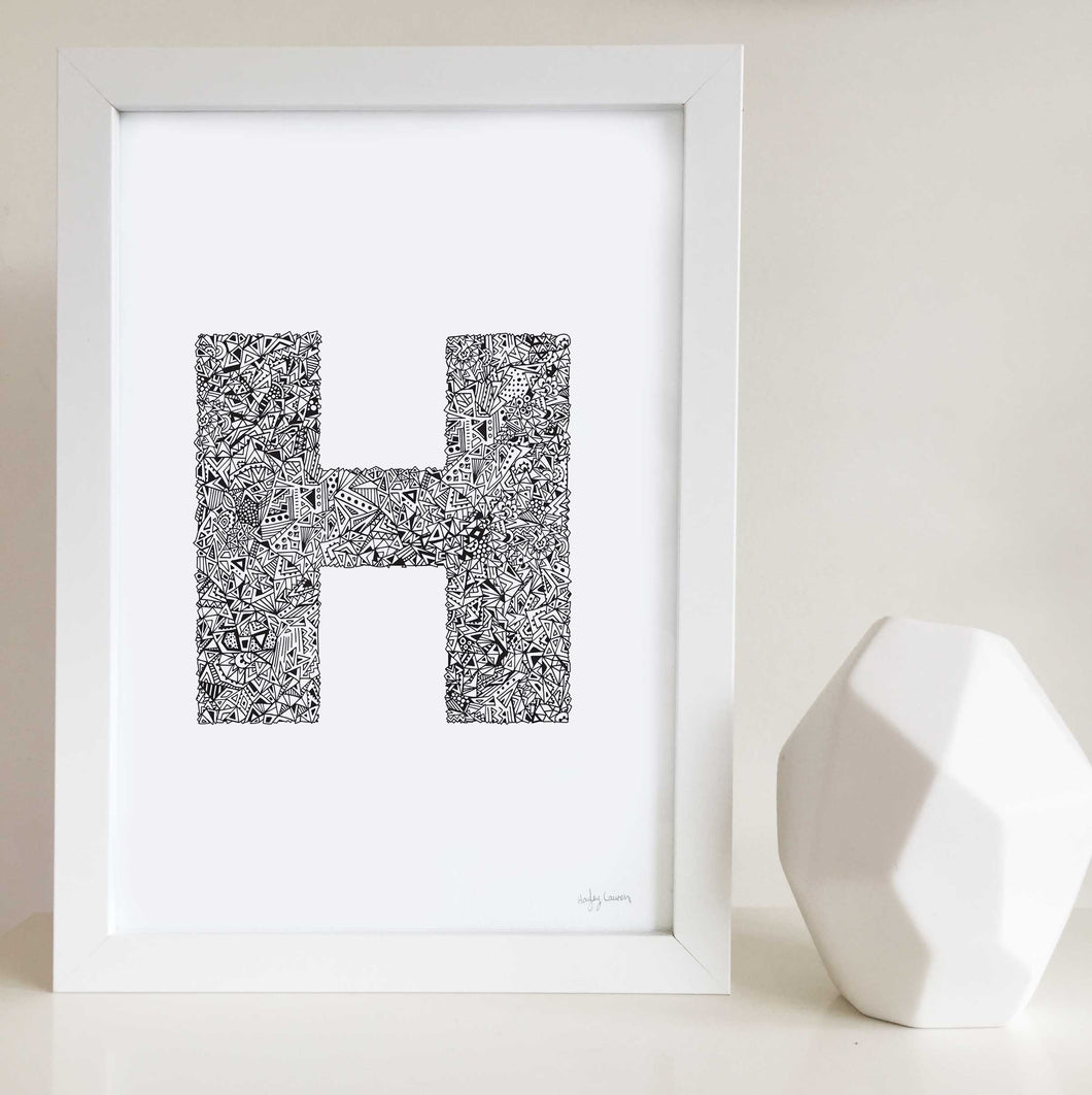 Letter h artwork for nursery or kids bedroom illustrated by Hayley Lauren Design