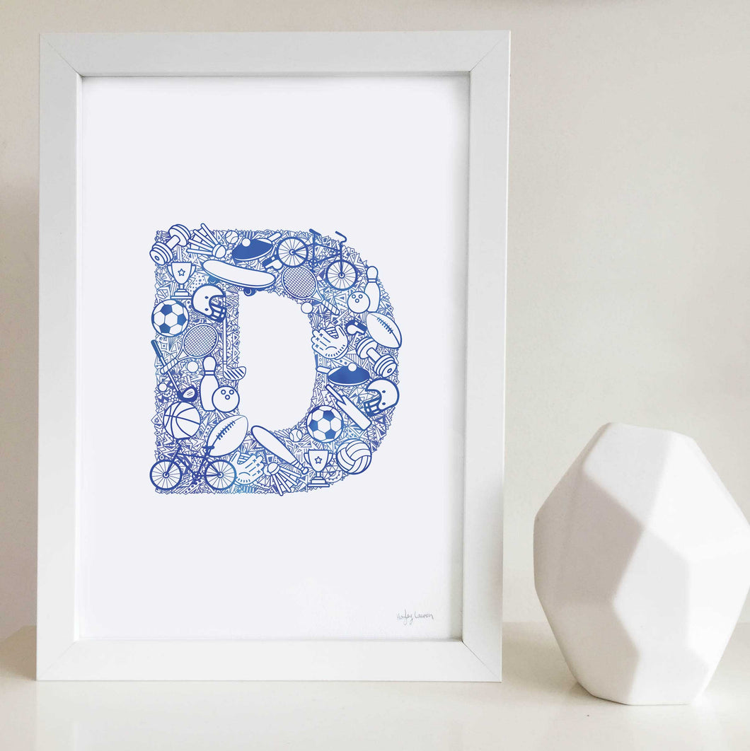 The Sporty letter 'D' artwork was illustrated by Hayley Lauren in Melbourne, Australia. It is the perfect artwork for a child's room that loves sports!