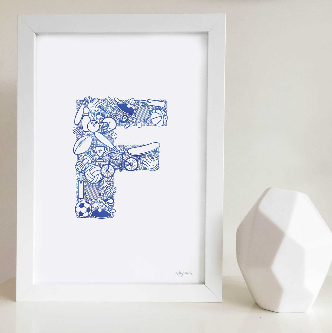 The Sporty letter 'F' artwork was illustrated by Hayley Lauren in Melbourne, Australia. It is the perfect artwork for a child's room that loves sports!