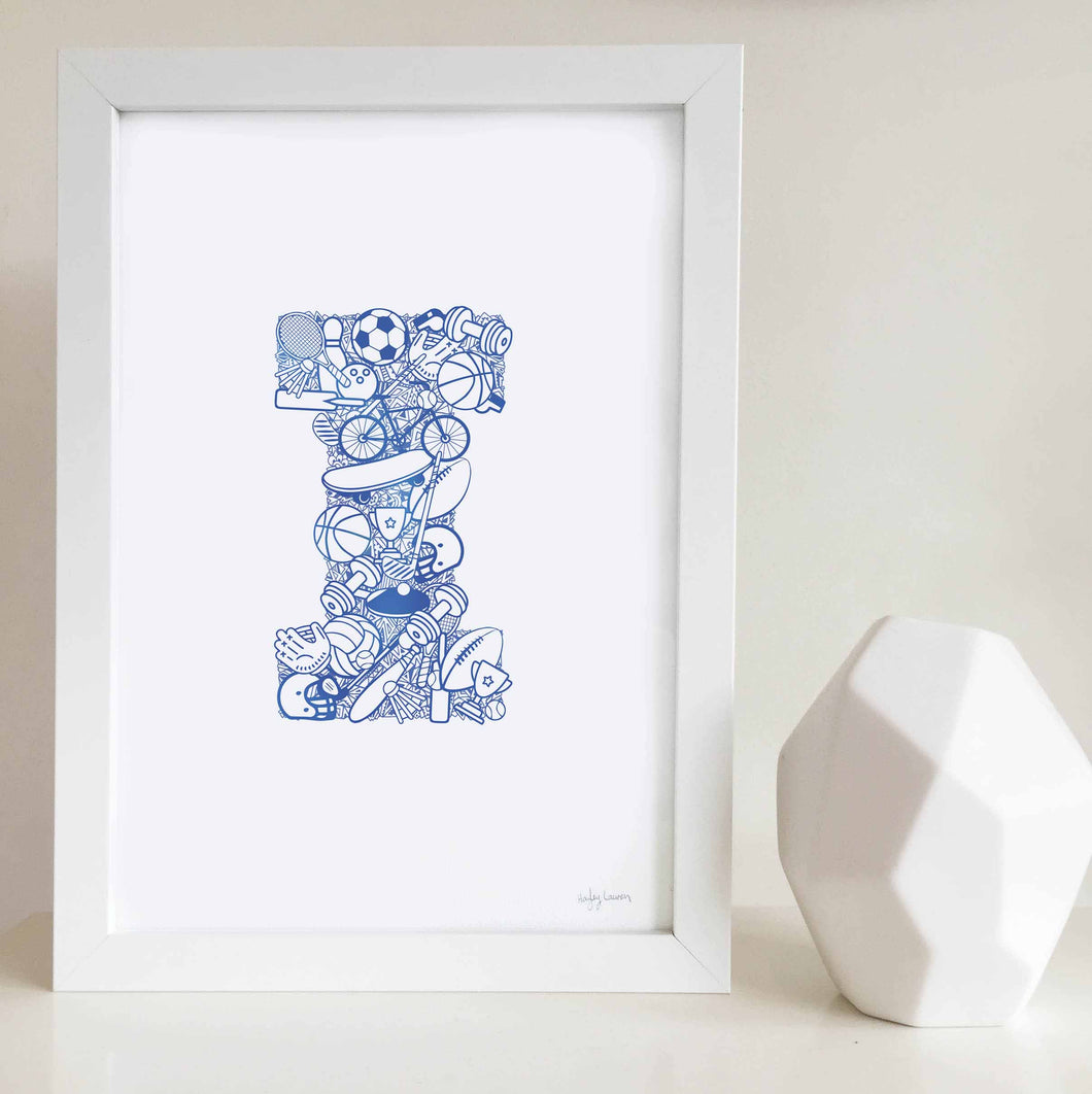 The Sporty letter 'I' artwork was illustrated by Hayley Lauren in Melbourne, Australia. It is the perfect artwork for a child's room that loves sports!