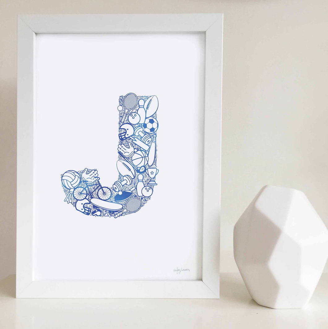 The Sporty letter 'J' artwork was illustrated by Hayley Lauren in Melbourne, Australia. It is the perfect artwork for a child's room that loves sports!