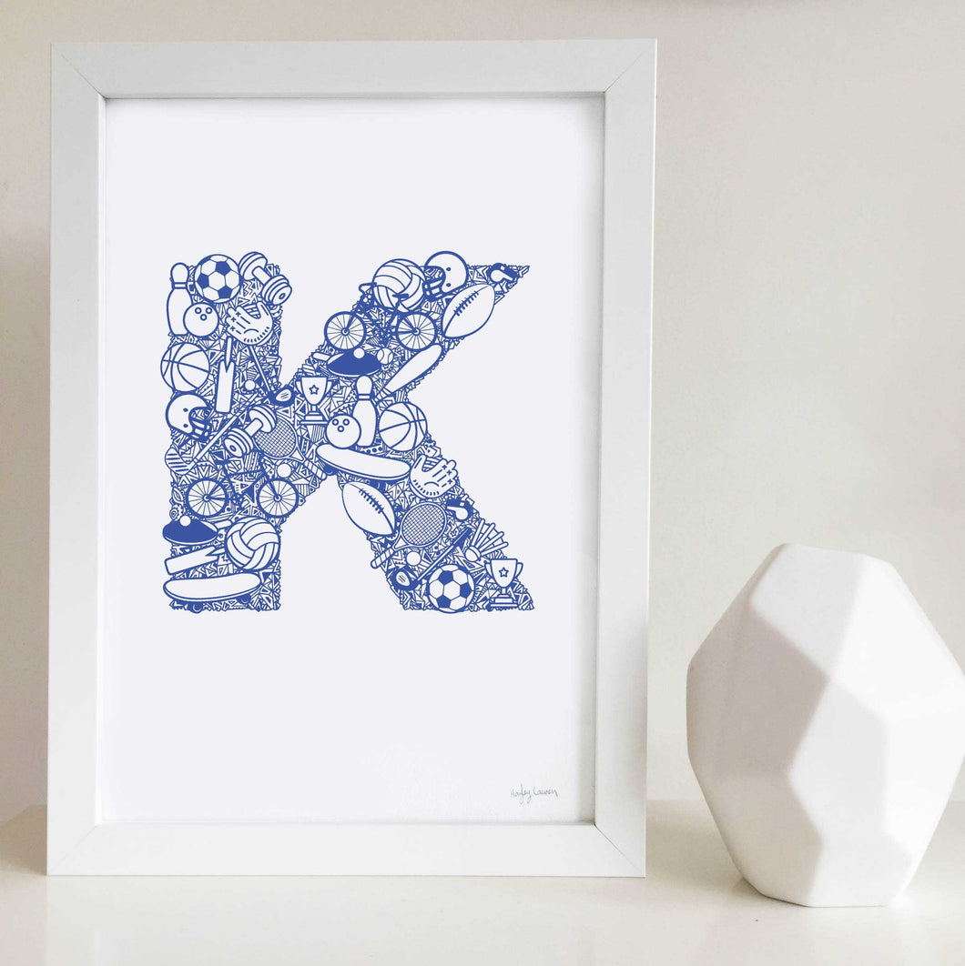The Sporty letter 'K' artwork was illustrated by Hayley Lauren in Melbourne, Australia. It is the perfect artwork for a child's room that loves sports!