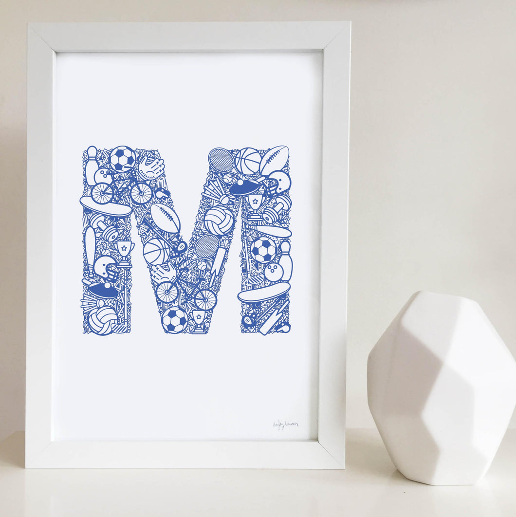 The Sporty letter 'M' artwork was illustrated by Hayley Lauren in Melbourne, Australia. It is the perfect artwork for a child's room that loves sports!