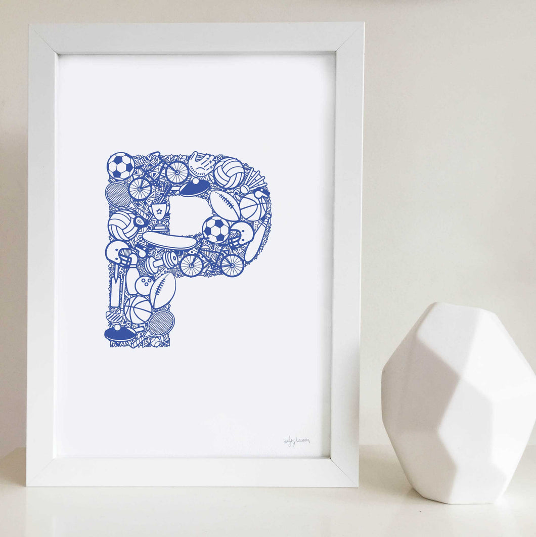 Sport letter P kids room art print in blue designed by Hayley Lauren in Melbourne Australia