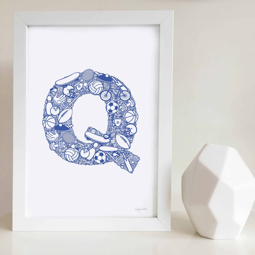 The Sporty letter 'Q' artwork was illustrated by Hayley Lauren in Melbourne, Australia. It is the perfect artwork for a child's room that loves sports!