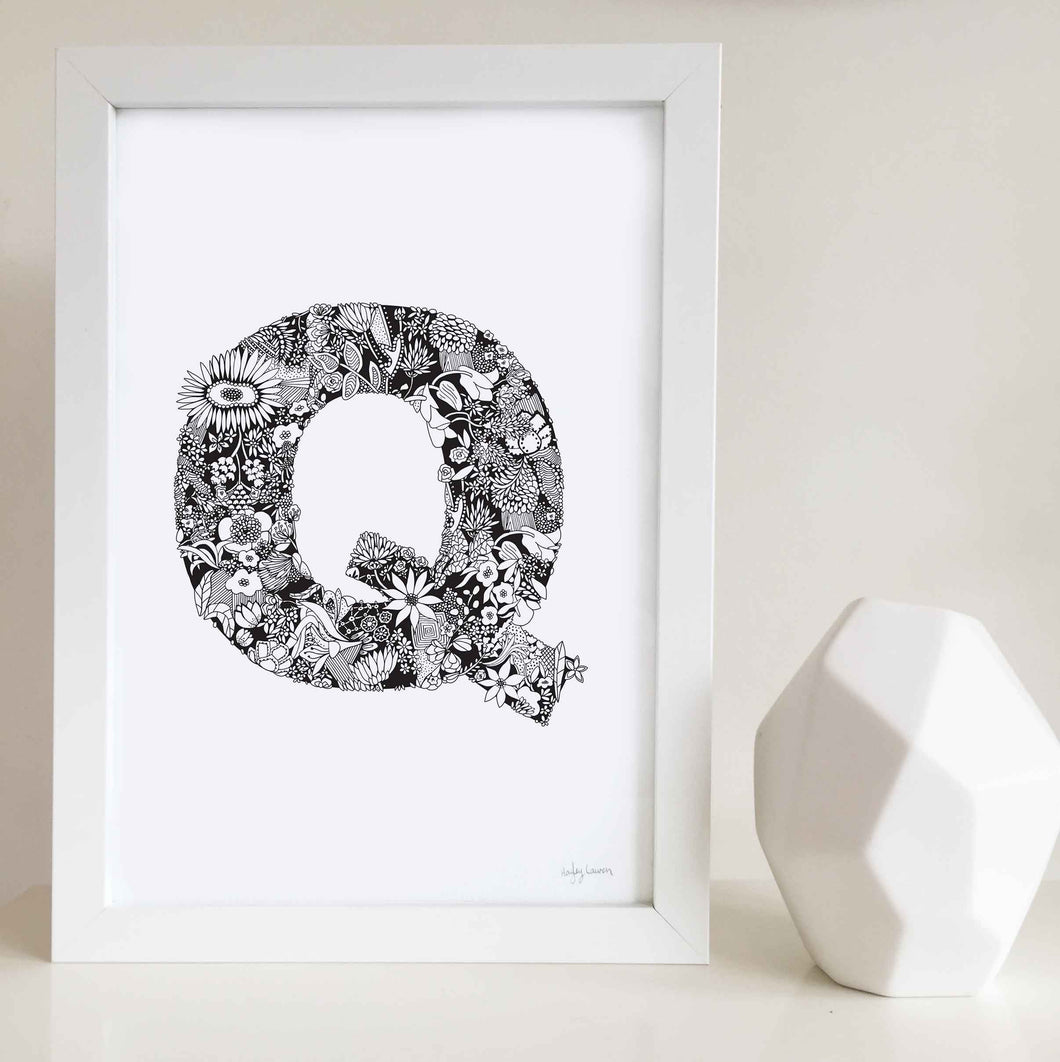 The floral letter 'Q' artwork was illustrated by Hayley Lauren in Melbourne, Australia. It is the perfect artwork to personalise a nursery or kids bedroom.