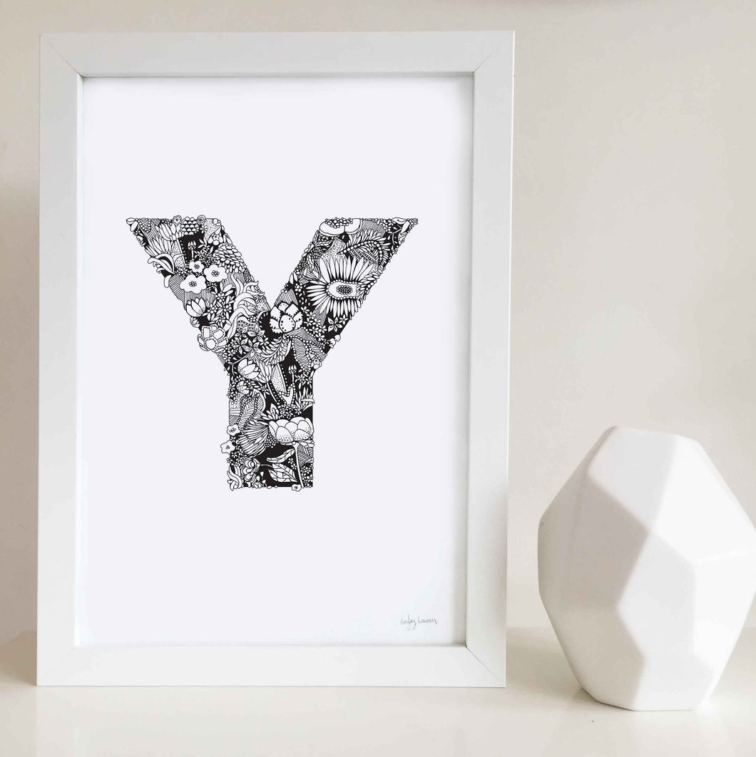 The floral letter 'Y' artwork was illustrated by Hayley Lauren in Melbourne, Australia. It is the perfect artwork to personalise a nursery or kids bedroom.