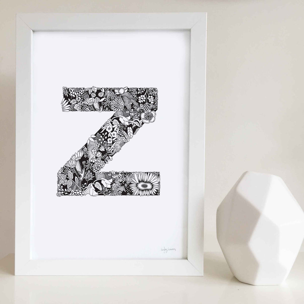 The floral letter 'Z' artwork was illustrated by Hayley Lauren in Melbourne, Australia. It is the perfect artwork to personalise a nursery or kids bedroom.