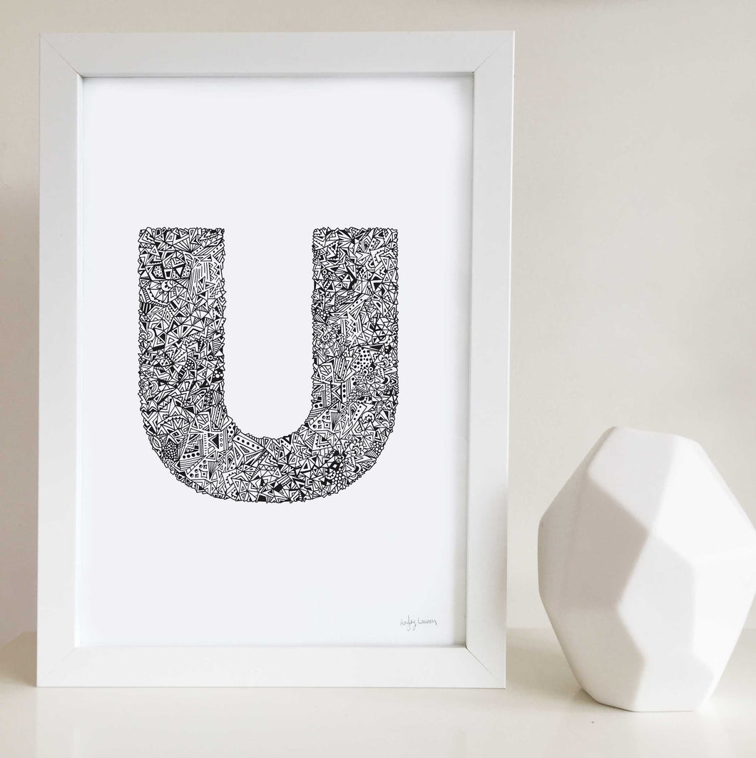 letter U artwork illustrated by Hayley Lauren Design for nurseries or kids bedrooms