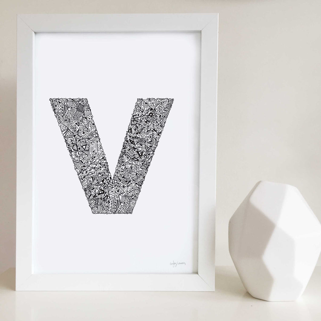 Letter V Wall Art Print illustrated by Hayley Lauren Design for nurseries or kids bedrooms