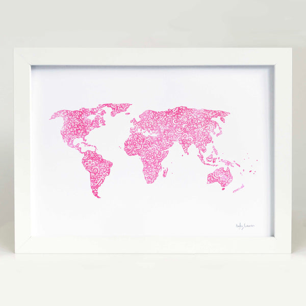 World Map in Pink Art Print