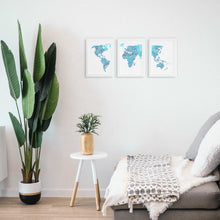 world map triptych in blue designed for the avid traveller free shipping australia wide. The perfect give to give someone that loves to travel designed by Hayley Lauren in Melbourne, Australia.
