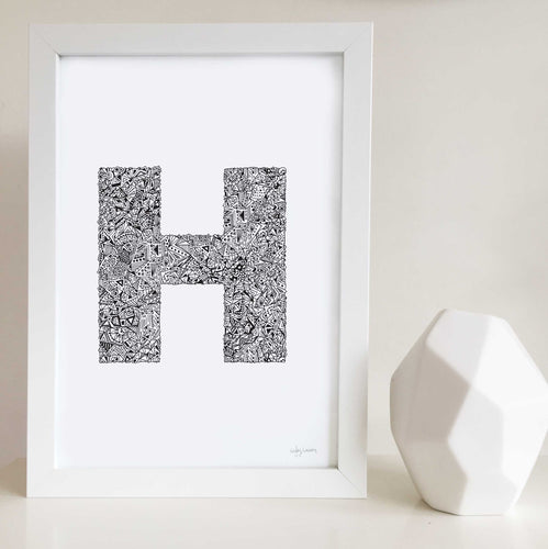Letter h artwork for nursery or kids bedroom illustrated by Hayley Lauren Design 