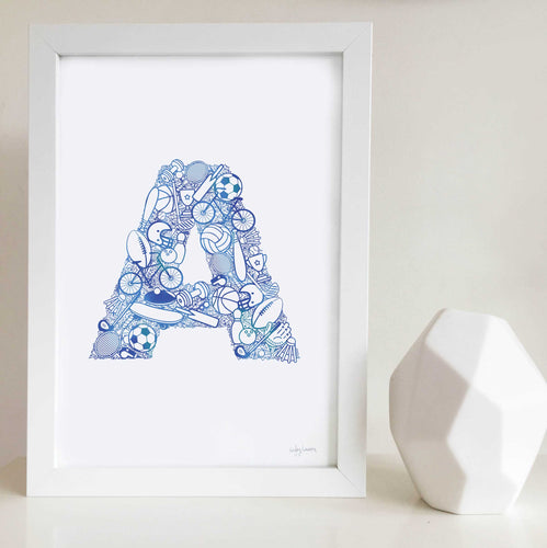 The Sporty letter 'A' artwork was illustrated by Hayley Lauren in Melbourne, Australia. It is the perfect artwork for a child that loves sports! Order your whole name or initials and save on multiple letters!