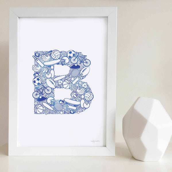 The Sporty letter 'B' artwork was illustrated by Hayley Lauren in Melbourne, Australia. It is the perfect artwork for a child that loves sports!
