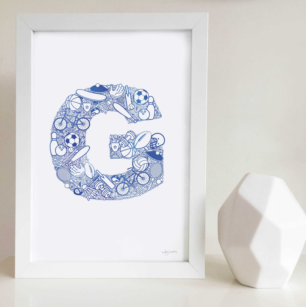 The Sporty letter 'G' artwork was illustrated by Hayley Lauren in Melbourne, Australia. It is the perfect artwork for a child's room that loves sports!