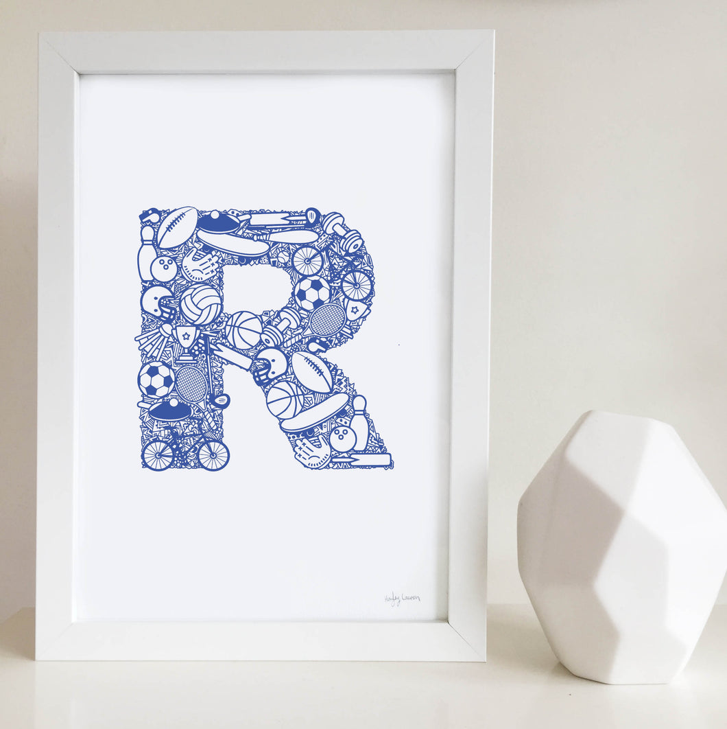 The Sporty letter 'R' artwork was illustrated by Hayley Lauren in Melbourne, Australia. It is the perfect artwork for a child's room that loves sports!