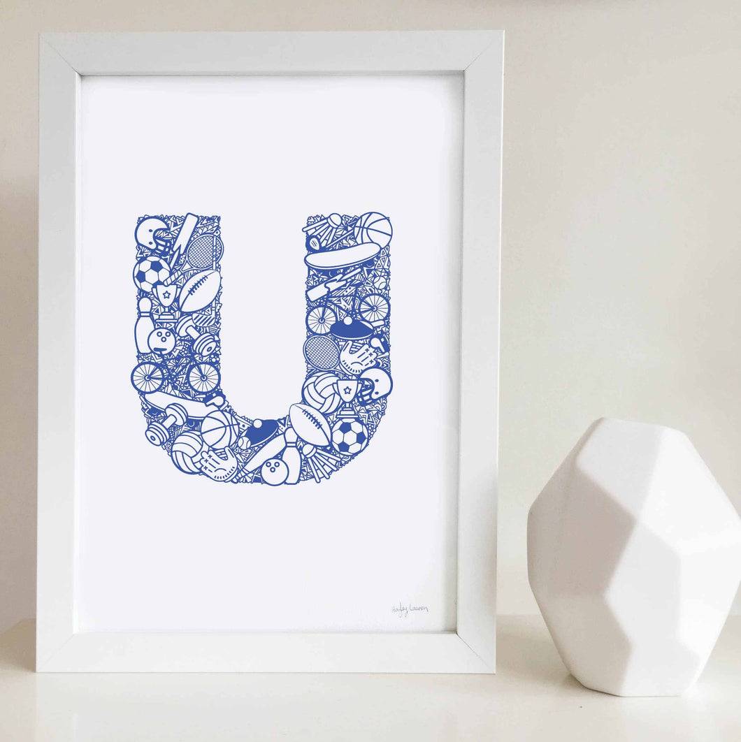 The Sporty letter 'U' artwork was illustrated by Hayley Lauren in Melbourne, Australia. It is the perfect artwork for a child's room that loves sports!