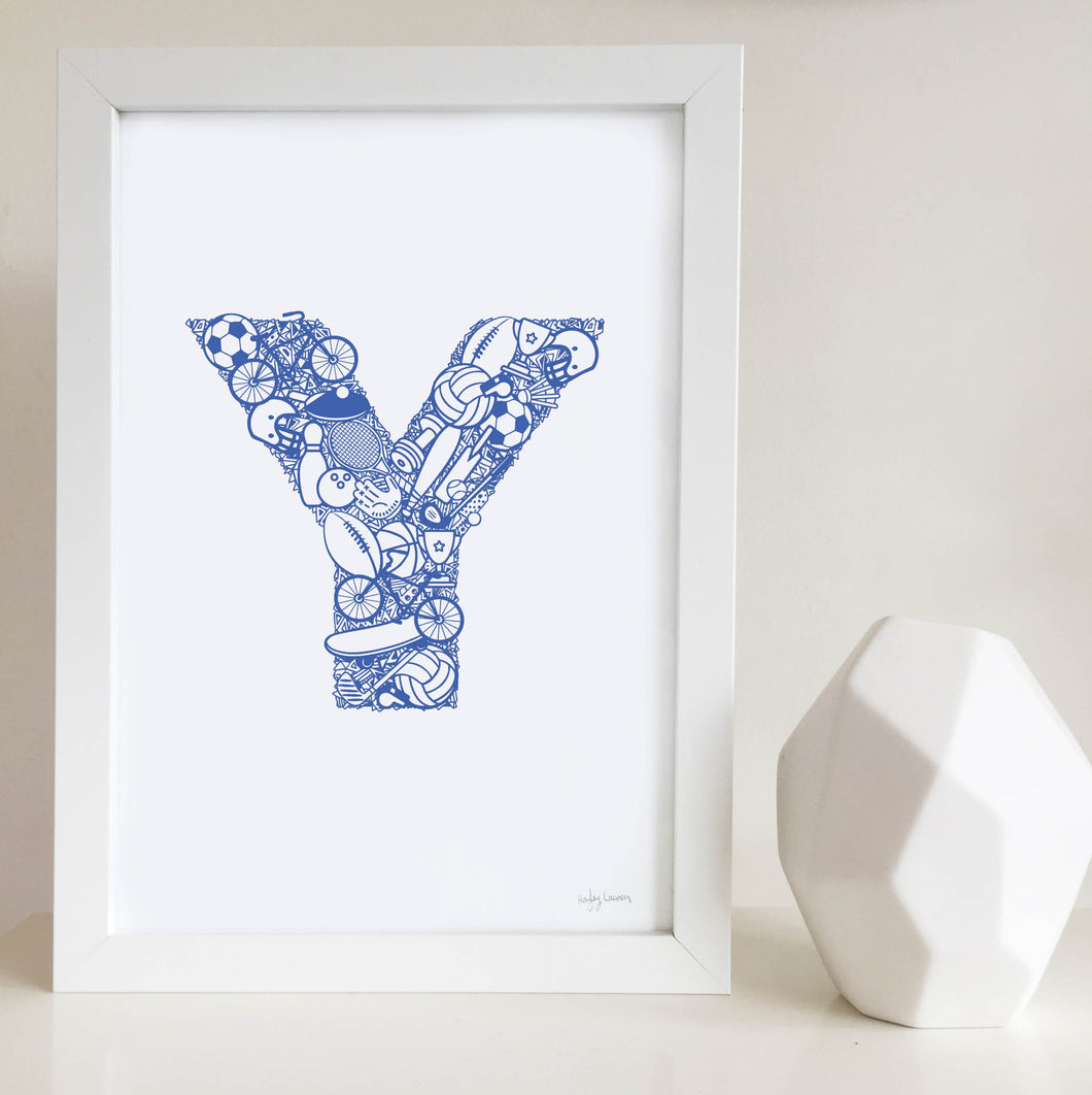 The Sporty letter 'Y' artwork was illustrated by Hayley Lauren in Melbourne, Australia. It is the perfect artwork for a child's room that loves sports!