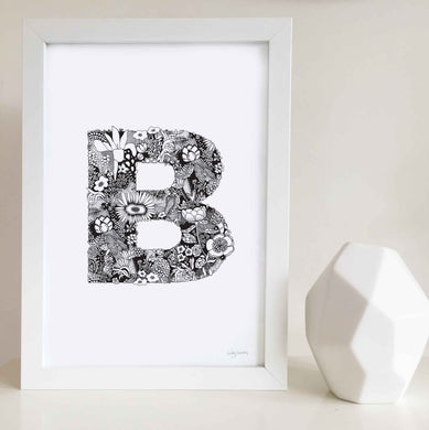 floral letter B black and white art illustration print young girl baby nursery toddler kids bedroom and play room by hayley lauren design free shipping australia wide