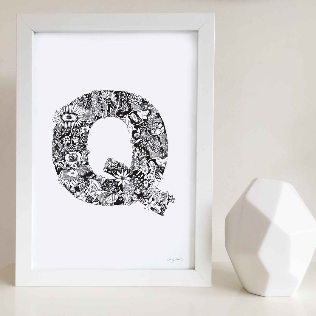 The floral letter 'Q' artwork was illustrated by Hayley Lauren in Melbourne, Australia. It is the perfect artwork to personalise a nursery or kids bedroom. 