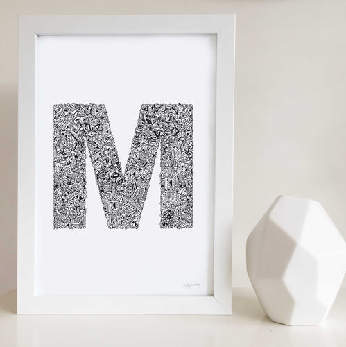 letter m artwork for kids bedrooms and nurseries drawn by Hayley Lauren Design 