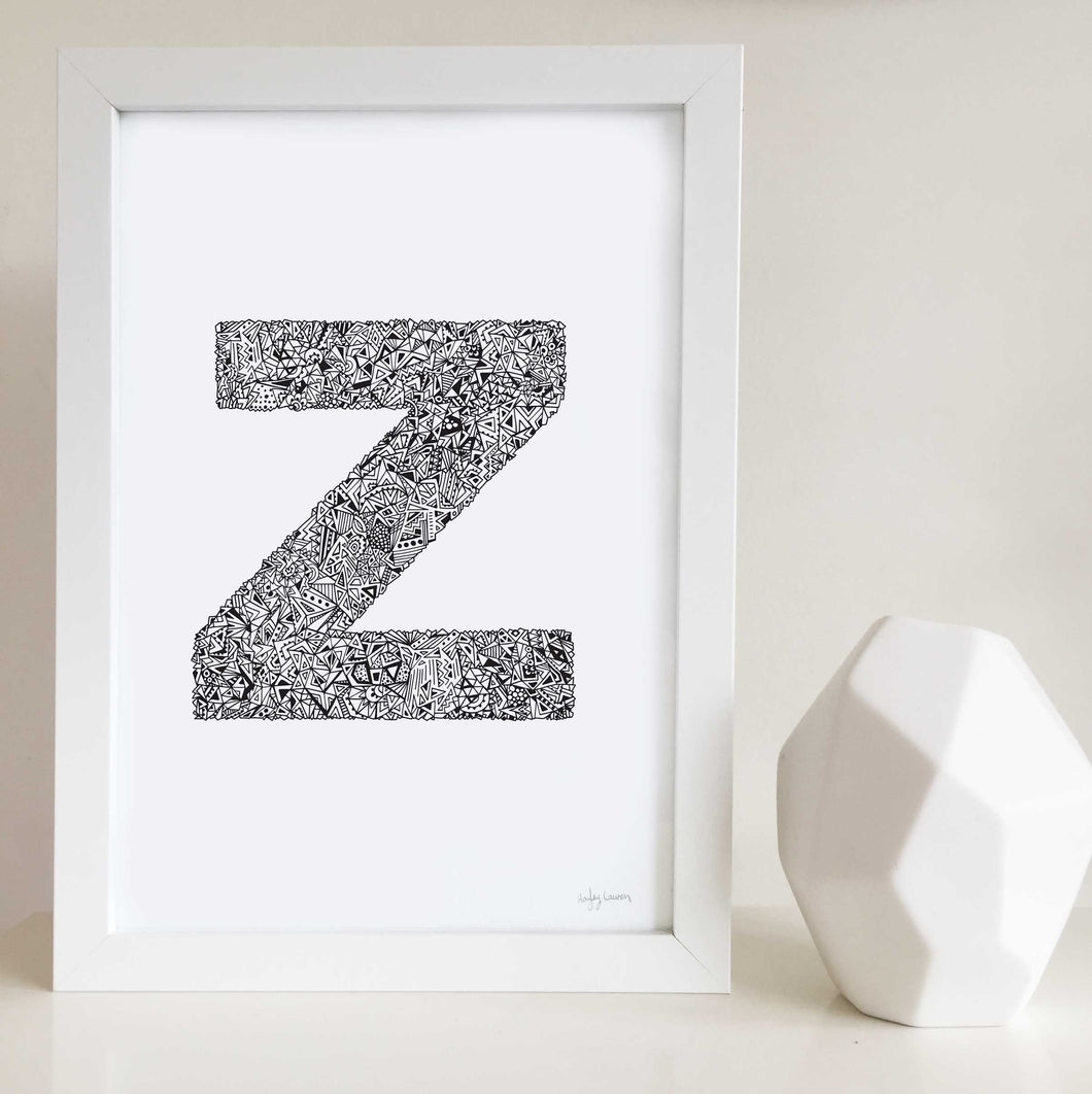 Letter Z artwork illustrated by Hayley Lauren Design for nurseries and kids bedrooms 