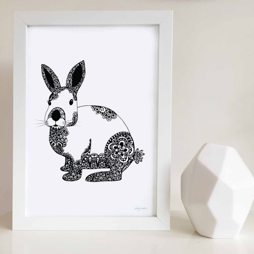 bunny rabbit cute zentangle artwork for baby room, toddler, kids bedroom shared unisex playroom by hayley lauren design rint for nursery or kids bedroom 