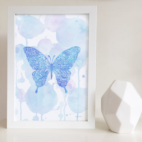 Butterfly artwork blue watercolour zentangle for little girls room art print by Hayley Lauren Design Australia