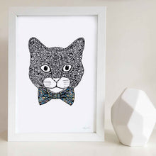 cute cat with bowtie zentangle black and white art print illustrations for baby room, toddler, kids bedroom shared unisex playroom by hayley lauren design free shipping australia wide 