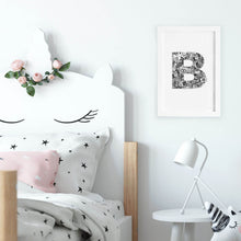 floral letter B black and white art illustration print young girl baby nursery toddler kids bedroom and play room by hayley lauren design free shipping australia wide