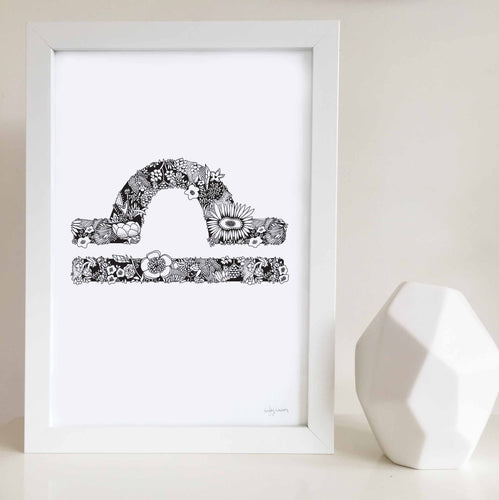 Libra star sign art print made with flowers by Hayley Lauren Design 