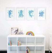 Sea creatures collection blue water colour zentangle illustration unisex artwork for nursery or kids bedroom australia