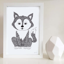 fox cute zentangle black and white artwork for baby room, toddler, kids bedroom shared unisex playroom by hayley lauren design free shipping australia wide 