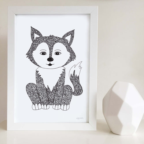 fox cute zentangle black and white artwork for baby room, toddler, kids bedroom shared unisex playroom by hayley lauren design free shipping australia wide 