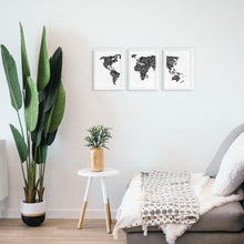 world map triptych in black designed for the avid traveller free shipping australia wide. The perfect give to give someone that loves to travel designed by Hayley Lauren in Melbourne, Australia. 